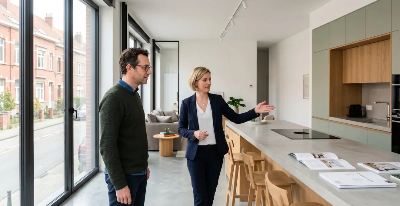 Agent immobilier faisant visiter un appartement moderne et lumineux à un acheteur potentiel dans un intérieur contemporain avec vue sur une rue belge