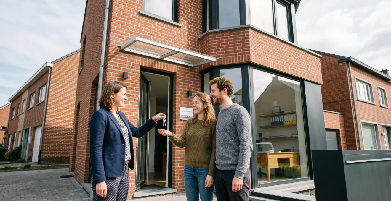 Couple recevant les clés de leur maison d'un professionnel de l'immobilier devant une façade belge typique en brique avec bow-window, dans une atmosphère lumineuse et chaleureuse