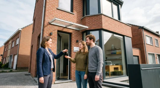 Couple recevant les clés de leur maison d'un professionnel de l'immobilier devant une façade belge typique en brique avec bow-window, dans une atmosphère lumineuse et chaleureuse