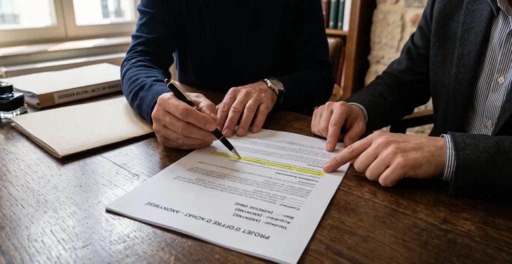 Projet d’offre d’achat anonymisé examiné avec un professionnel avant signature, avec une section signalée pour relecture. Projet d’offre d’achat anonymisé examiné avec un professionnel avant signature, avec une section signalée pour relecture.